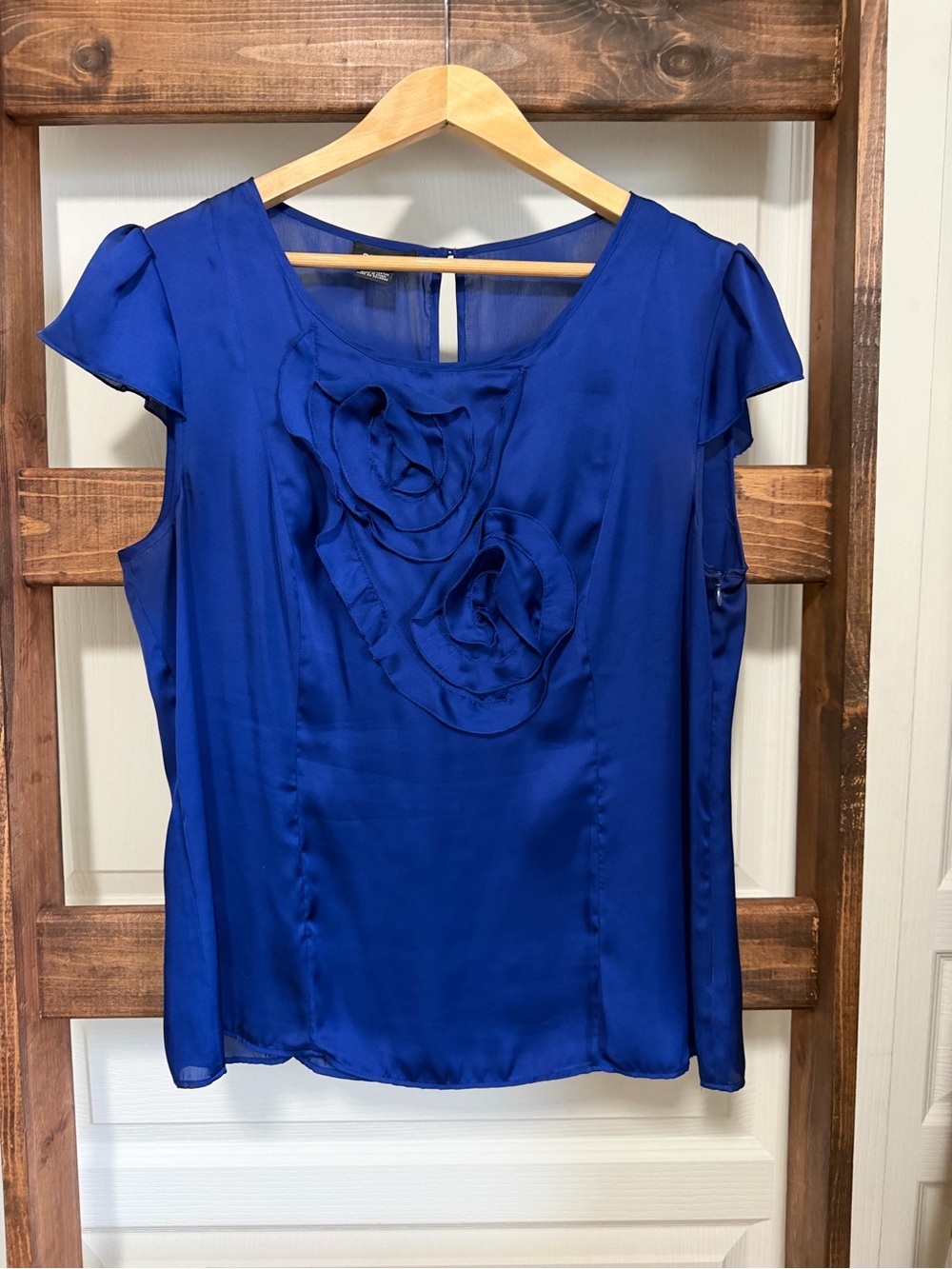 Spense Royal Blue Ruffled Rosette Flutter Sleeve Blouse